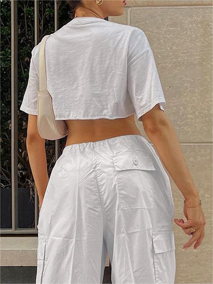 White Y2k Baggy Parachute Cargo Pants With Drawstring