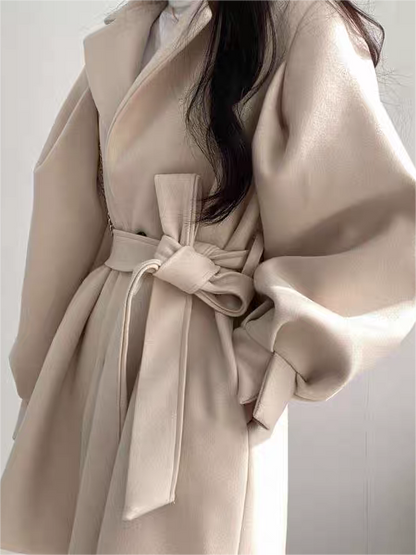 Lapel Collar Puff Sleeve Coat With Belt