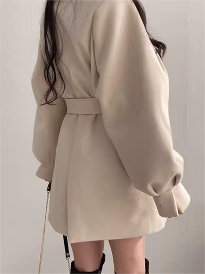 Lapel Collar Puff Sleeve Coat With Belt