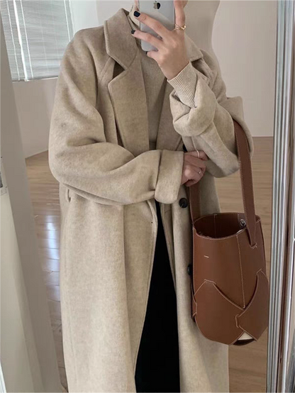 Classic Double-breasted Long Coat With Lapel Collar and Belt