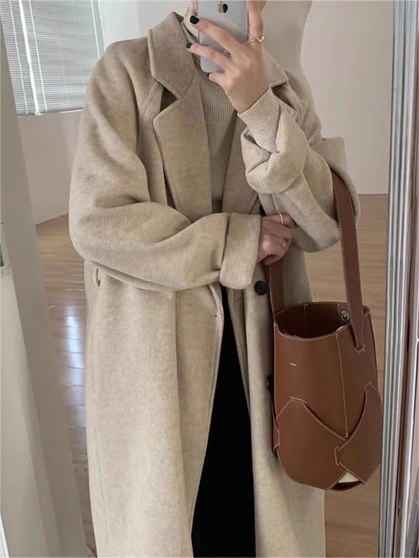Classic Double-breasted Long Coat With Lapel Collar and Belt
