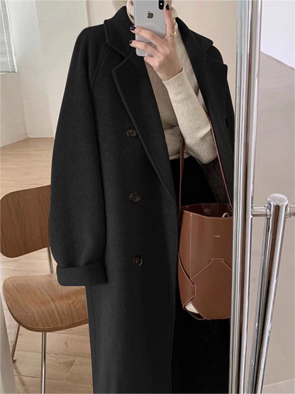 Classic Double-breasted Long Coat With Lapel Collar and Belt