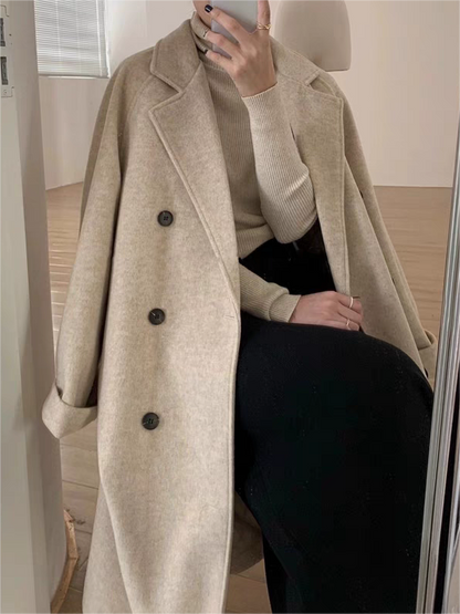 Classic Double-breasted Long Coat With Lapel Collar and Belt
