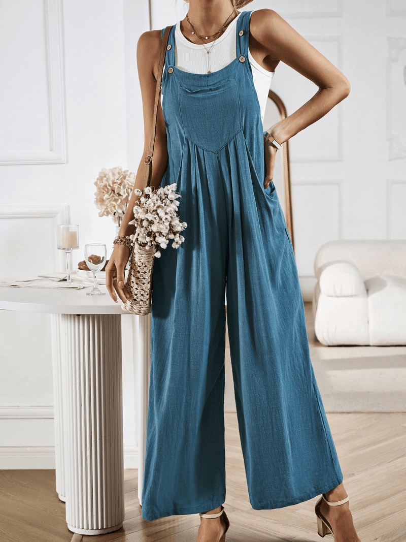 Linette Wide Leg Linen Overalls - Teal