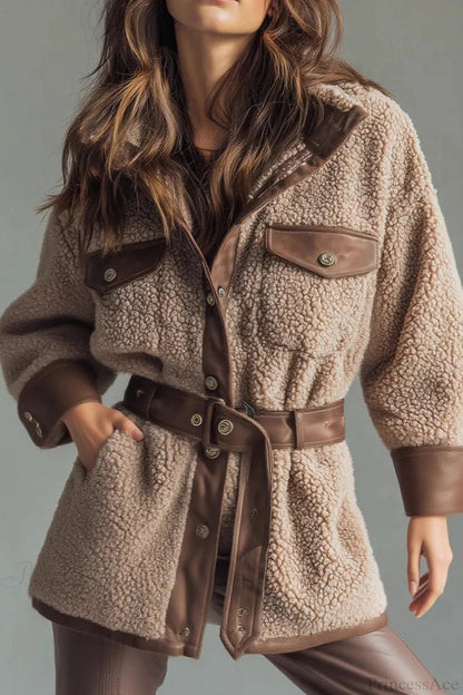 Thick Fleece Pu Panel Pocket Belted Retro Coat