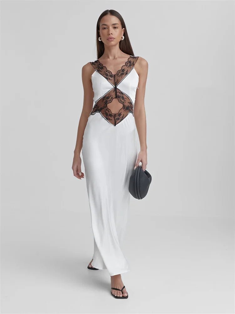 Tossy Lace Backless Hollow Out Maxi Dress for - Patchwork Printed High Waist Party Dress Female Long Dress | Summer Collection