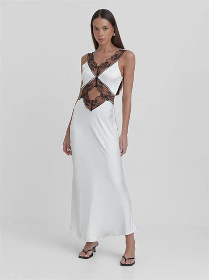 Tossy Lace Backless Hollow Out Maxi Dress for - Patchwork Printed High Waist Party Dress Female Long Dress | Summer Collection