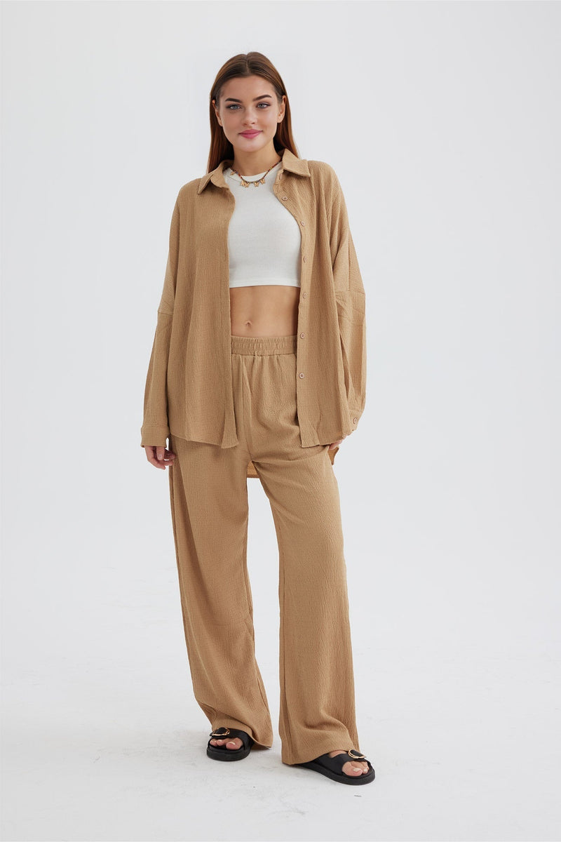 Two Piece Color Long Sleeve Shirt Long Pants Set