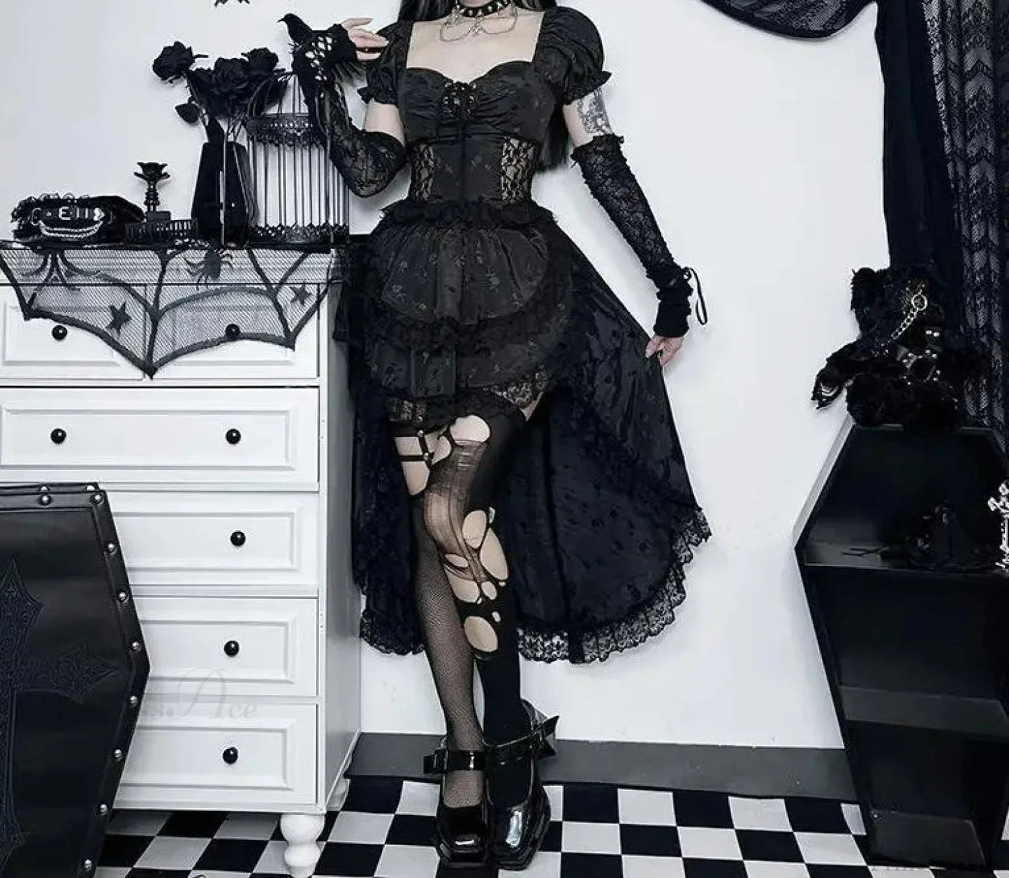 Uneven Folded Lace Black Midi Dress