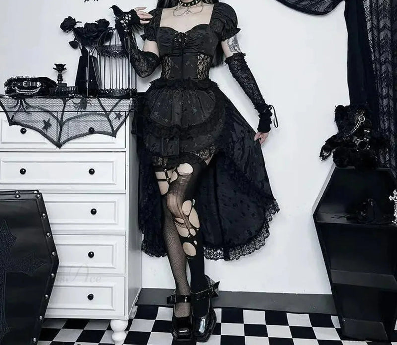 Uneven Folded Lace Black Midi Dress