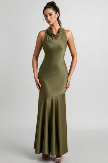 Elaray Green Satin Cowl-neck Maxi Dress