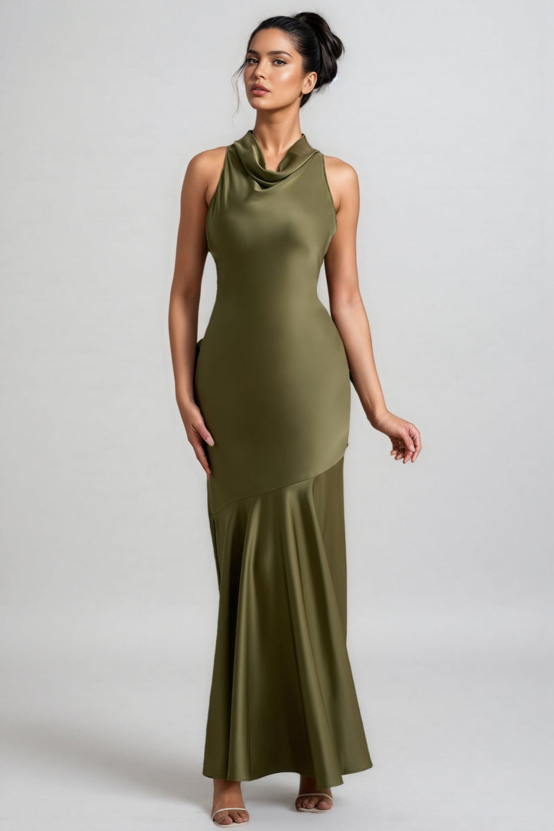 Elaray Green Satin Cowl-neck Maxi Dress
