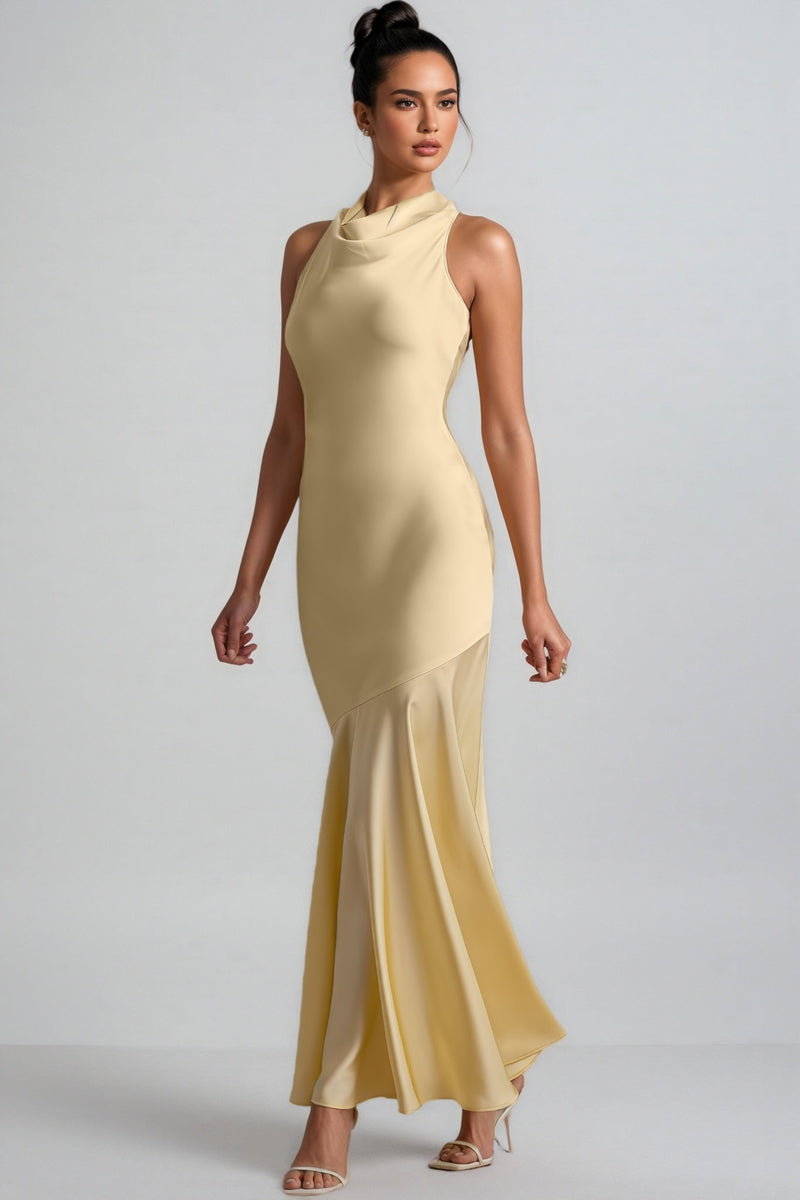 Azurao Yellow Satin Cowl-neck Maxi Dress