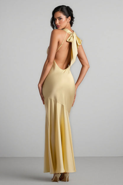 Azurao Yellow Satin Cowl-neck Maxi Dress