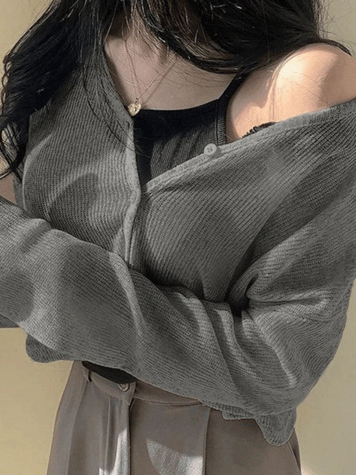 Grey V Neck Button Up Cropped Cardigan
