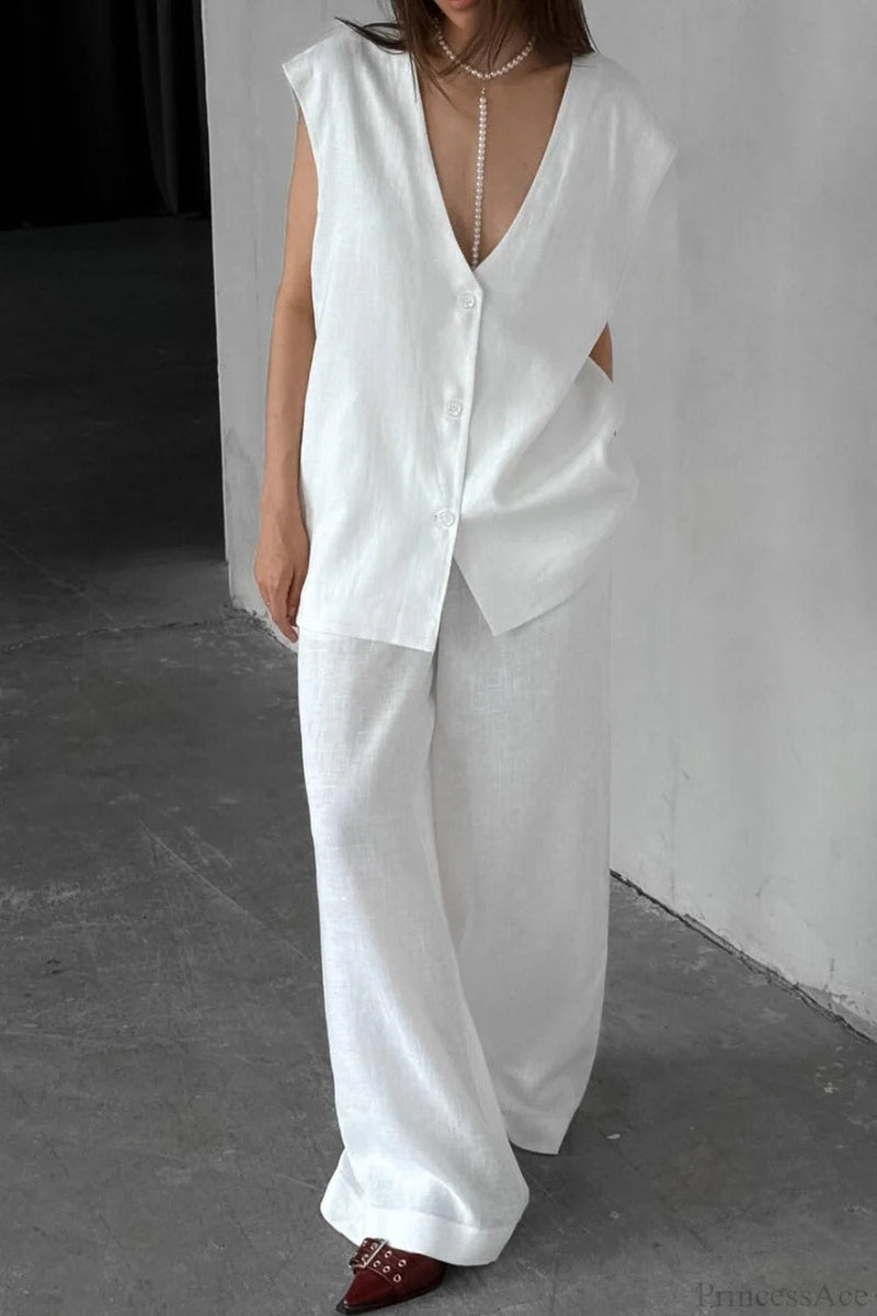 V-neck Cotton Linen Sleeveless Vest Two Piece Set