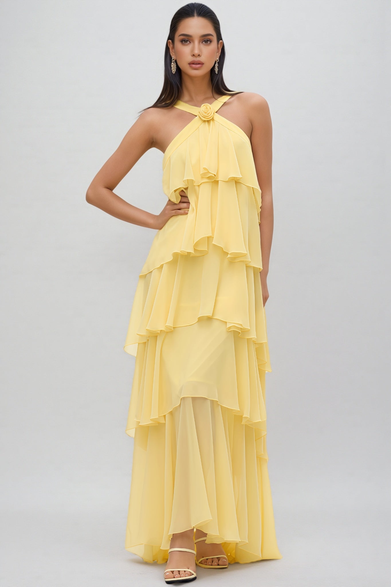 Kairot Yellow Backless 3d Flower Maxi Dress