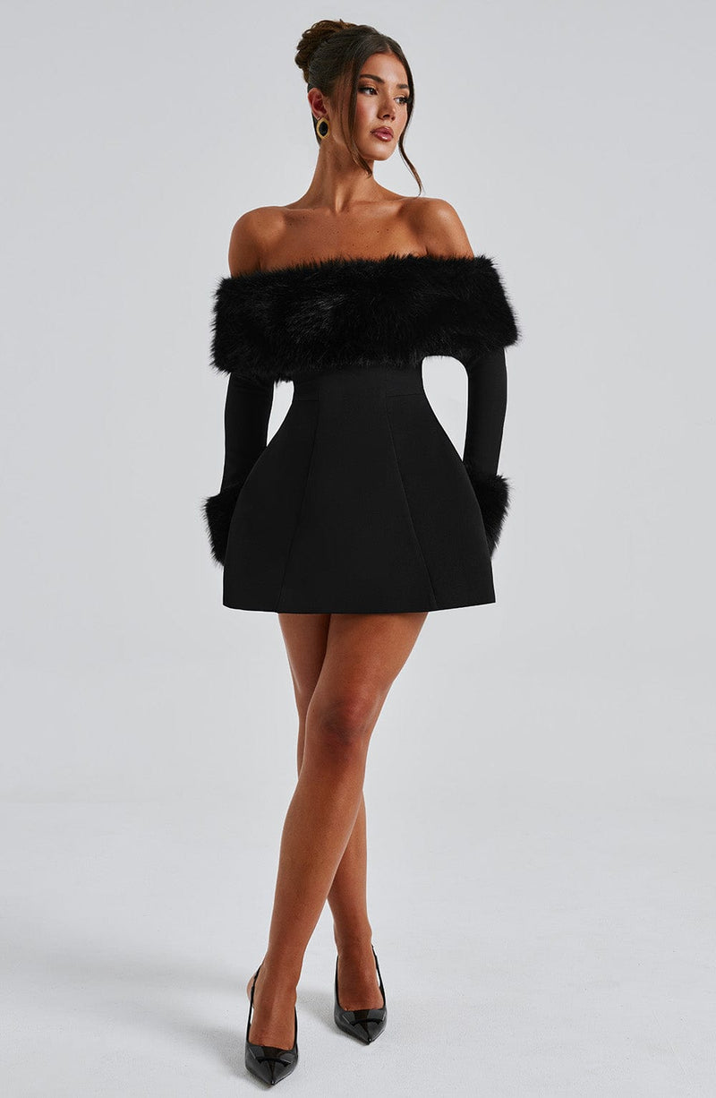 Rory - Off-shoulder Fur Sleeve Mini Dress
