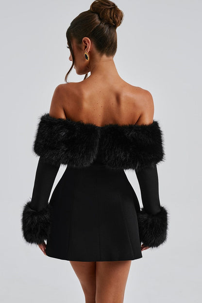Regina Fur Collar Off Shoulder Mini Dress