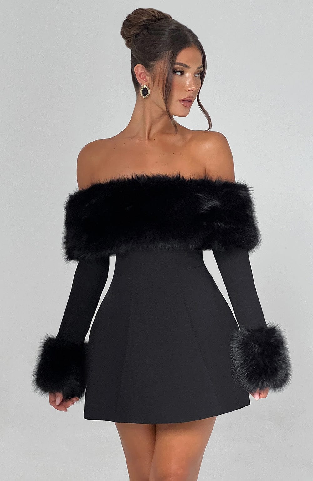 Rory - Off-shoulder Fur Sleeve Mini Dress