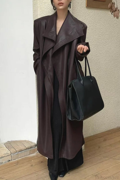 Broad Lapel Waist-tied Leather Overcoat