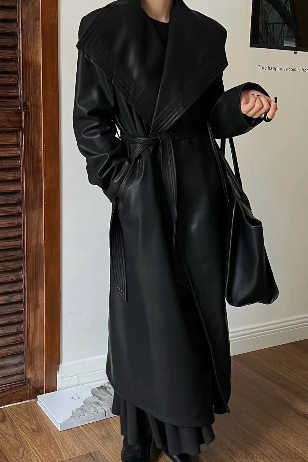Broad Lapel Waist-tied Leather Overcoat