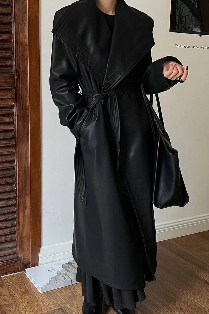 Broad Lapel Waist-tied Leather Overcoat