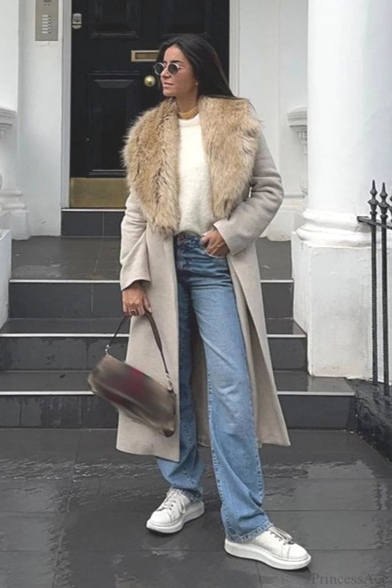 Wool Blend Fur Collar Overcoat
