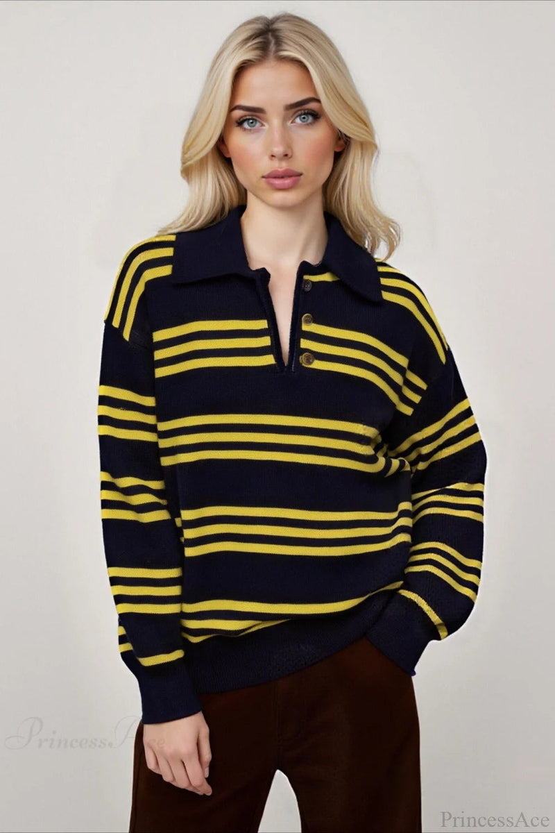 Colorblock Stripe Collar Patchwork Loose Knit Sweater