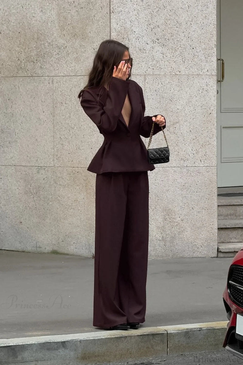 Deep V-neck Fitted Waist Blazer Long Sleeve Two Piece Set