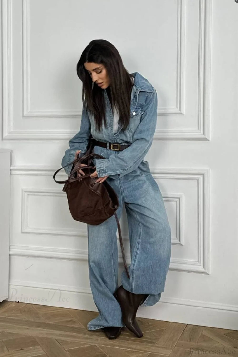 Denim Loose Long Pants Jumpsuit-style Two Piece Set
