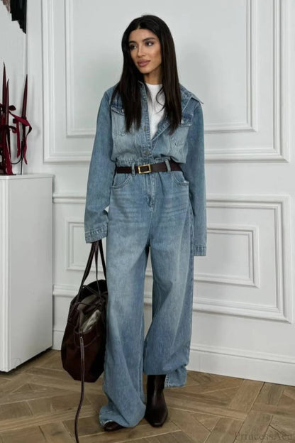 Denim Loose Long Pants Jumpsuit-style Two Piece Set