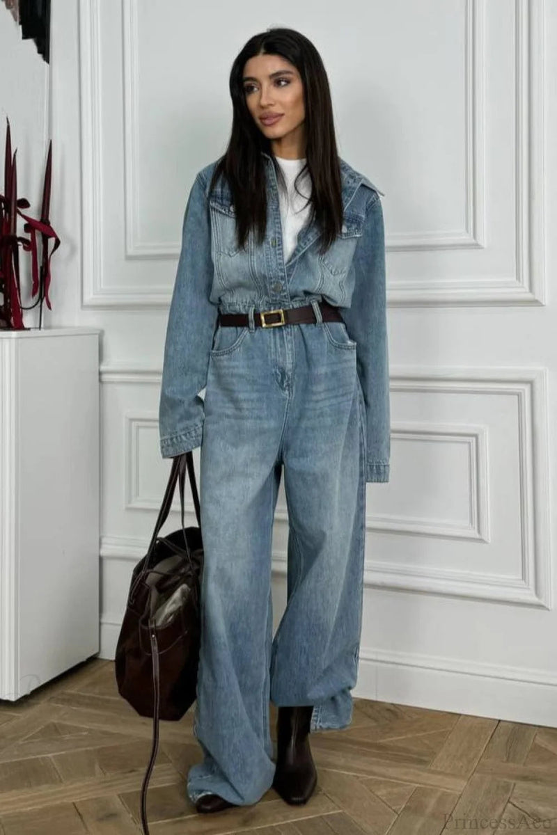 Denim Loose Long Pants Jumpsuit-style Two Piece Set