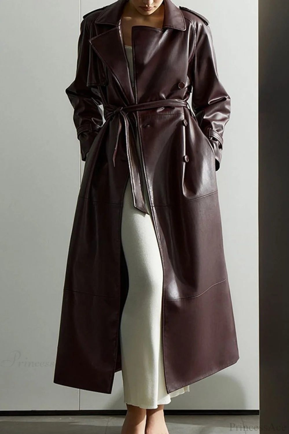 Minimalist Tie-waist Faux Leather Overcoat