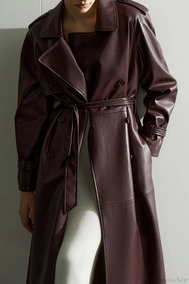 Minimalist Tie-waist Faux Leather Overcoat