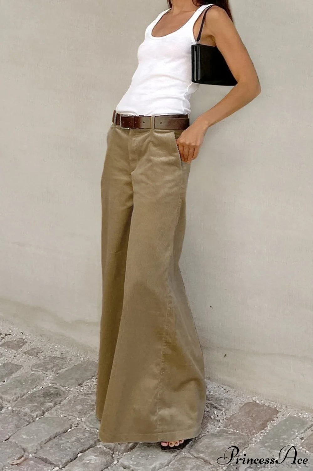 Khaki Corduroy Wide Leg Flared Pants