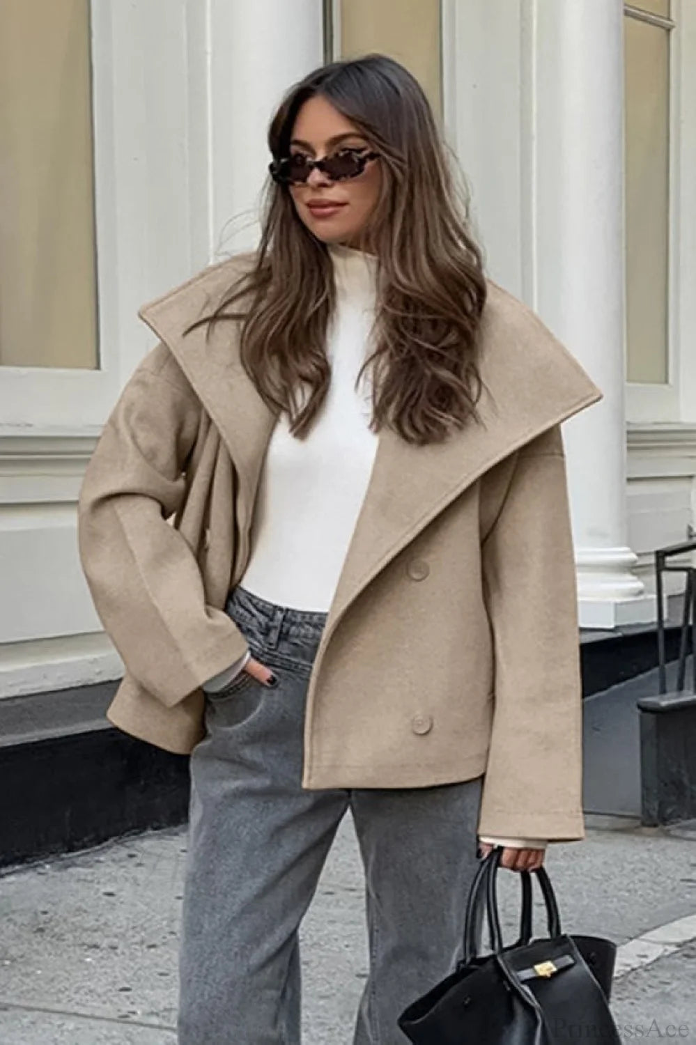 Khaki Double Breasted Thickened Wool Blend Coat