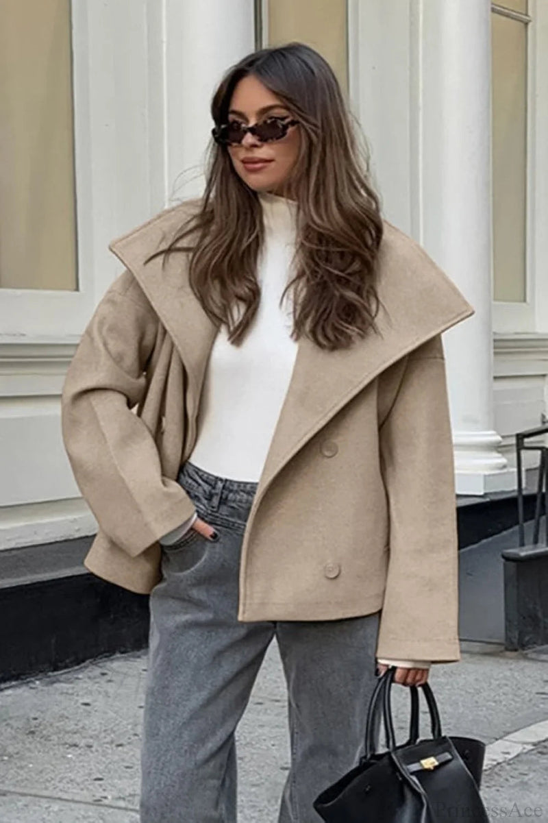 Khaki Double Breasted Thickened Wool Blend Coat