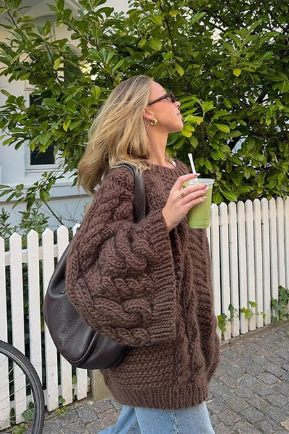 Loose Comfortable Crew Neck Wide Sleeve Cable Sweater