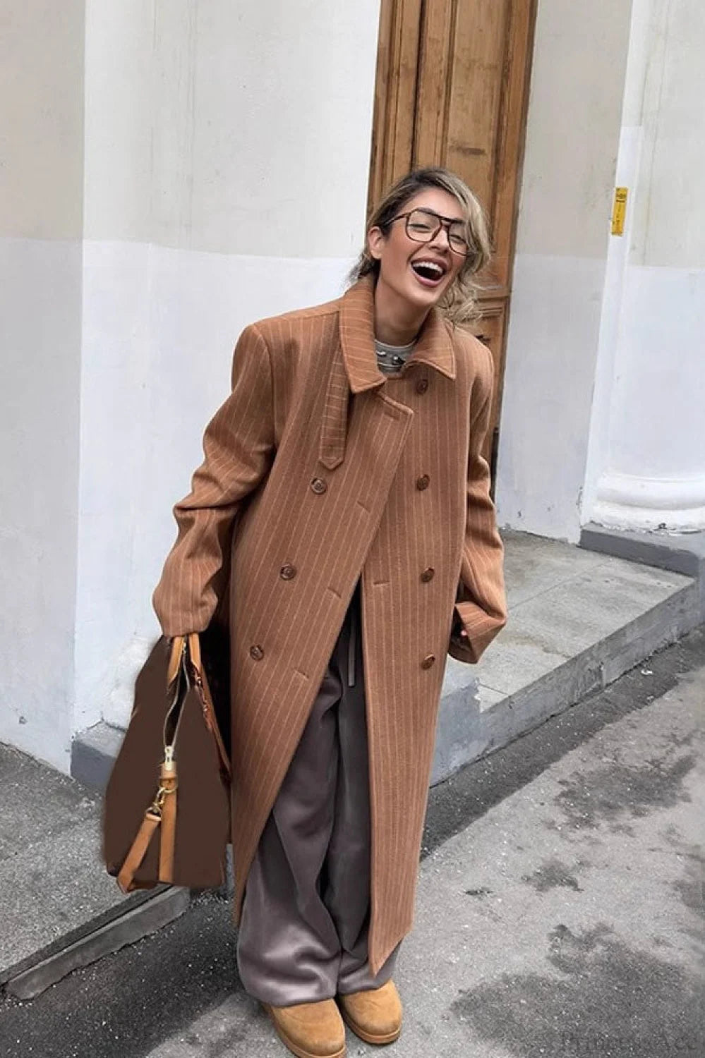 Pinstripe Notched Collar Wool Blend Overcoat