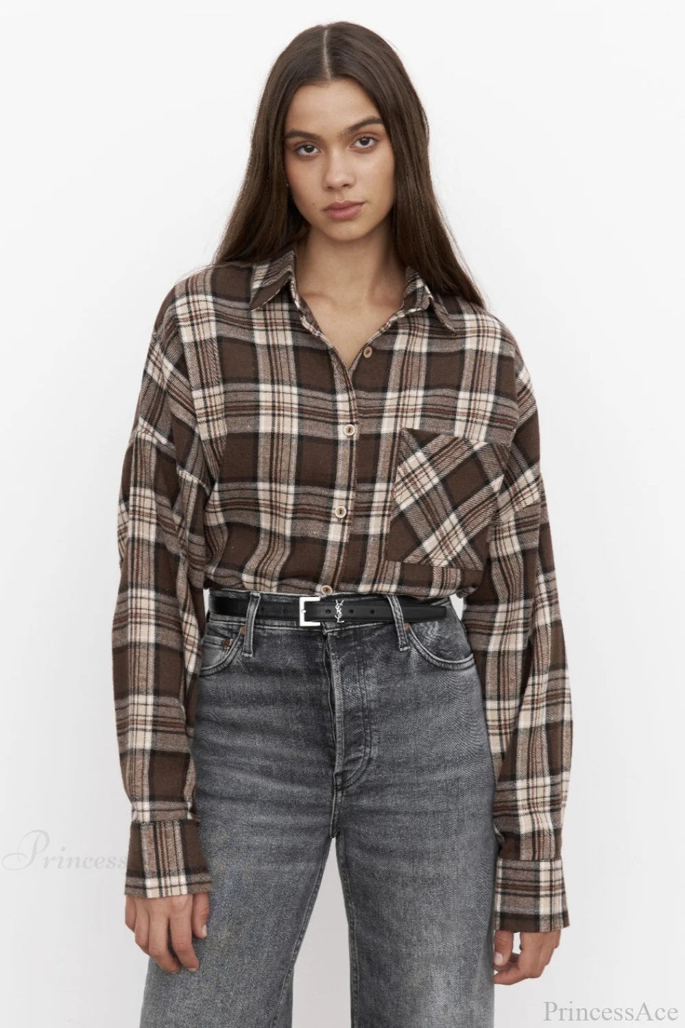 Plaid Pocket Long Sleeve Collared Blouse