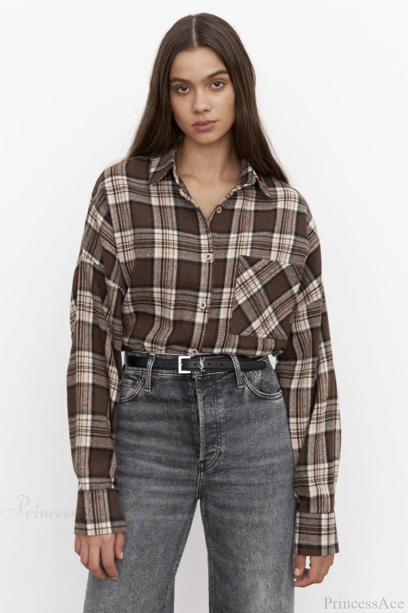 Plaid Pocket Long Sleeve Collared Blouse