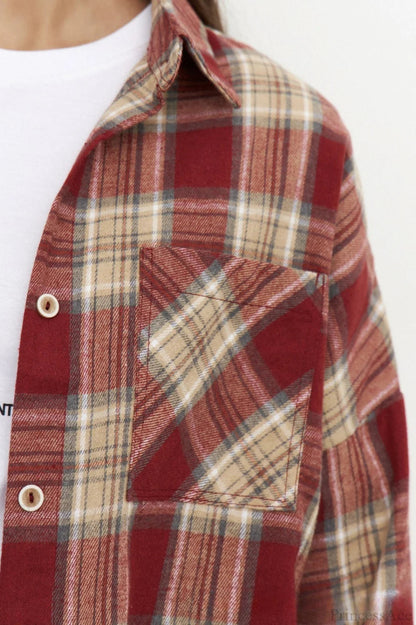 Plaid Pocket Long Sleeve Collared Blouse