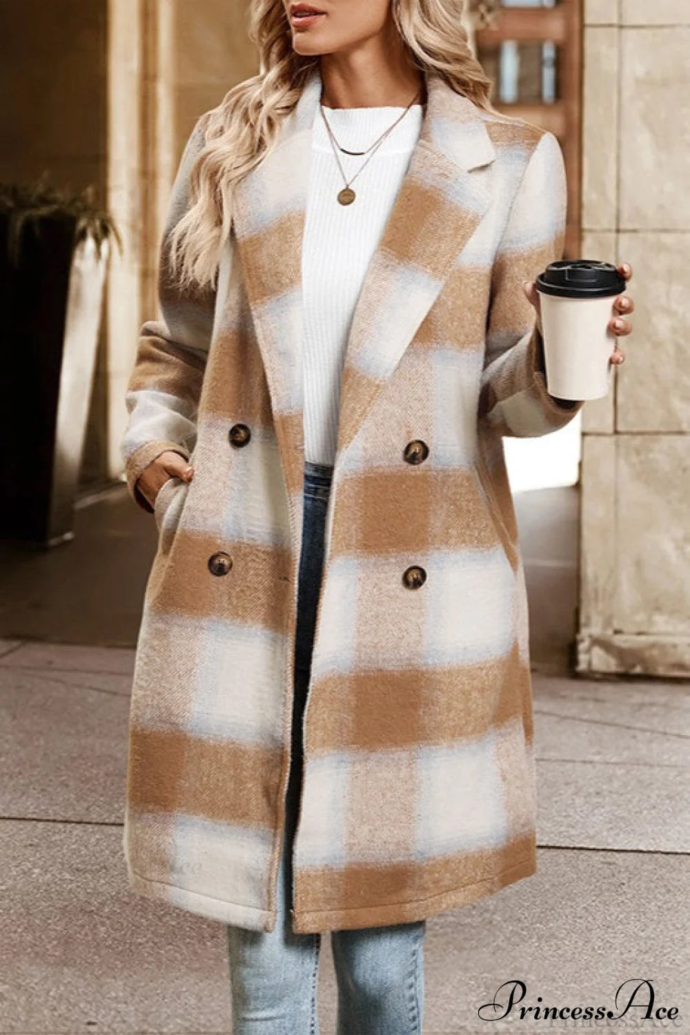 Sanded Plaid Tailored Collar Midi Wool Coat