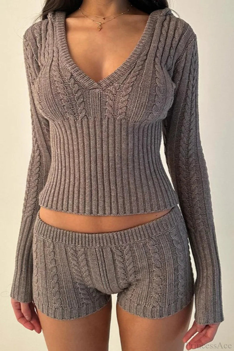 Knit Hooded Long Sleeve Cropped Two Piece Set