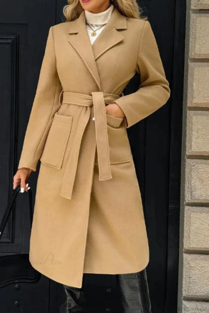 Color Minimalist Tie Waist Wool Blend Notched Overcoat
