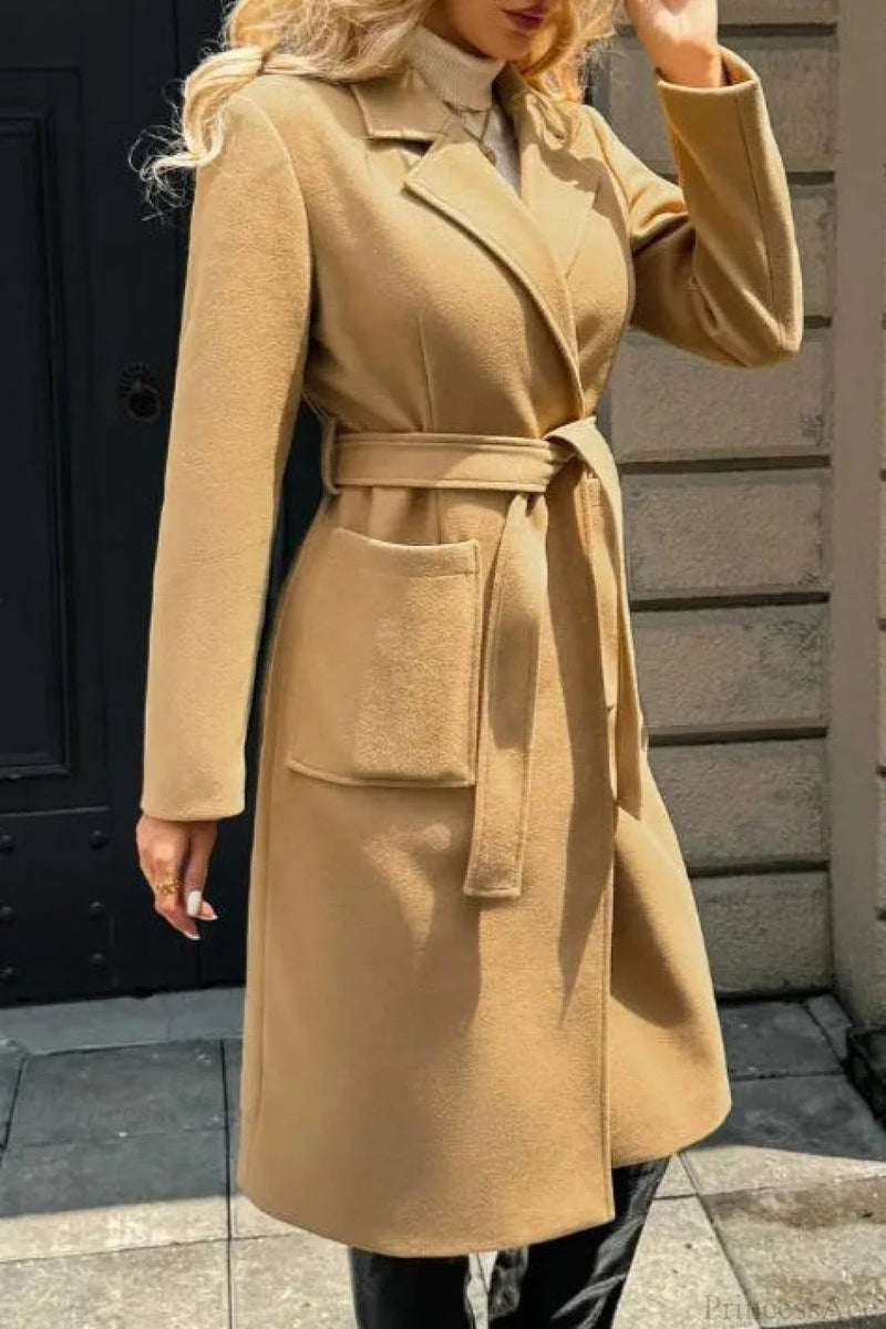 Color Minimalist Tie Waist Wool Blend Notched Overcoat