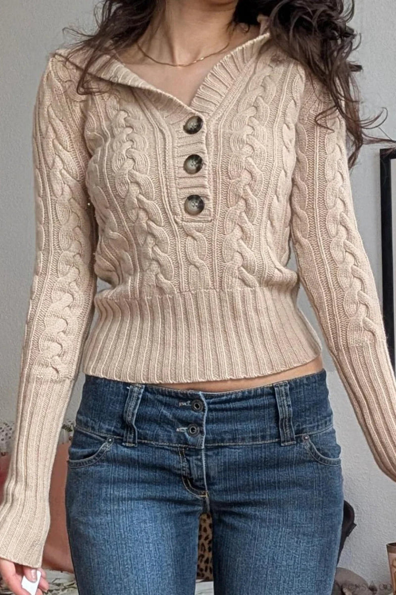 Hooded Cropped Waist Button Long Sleeve Sweater