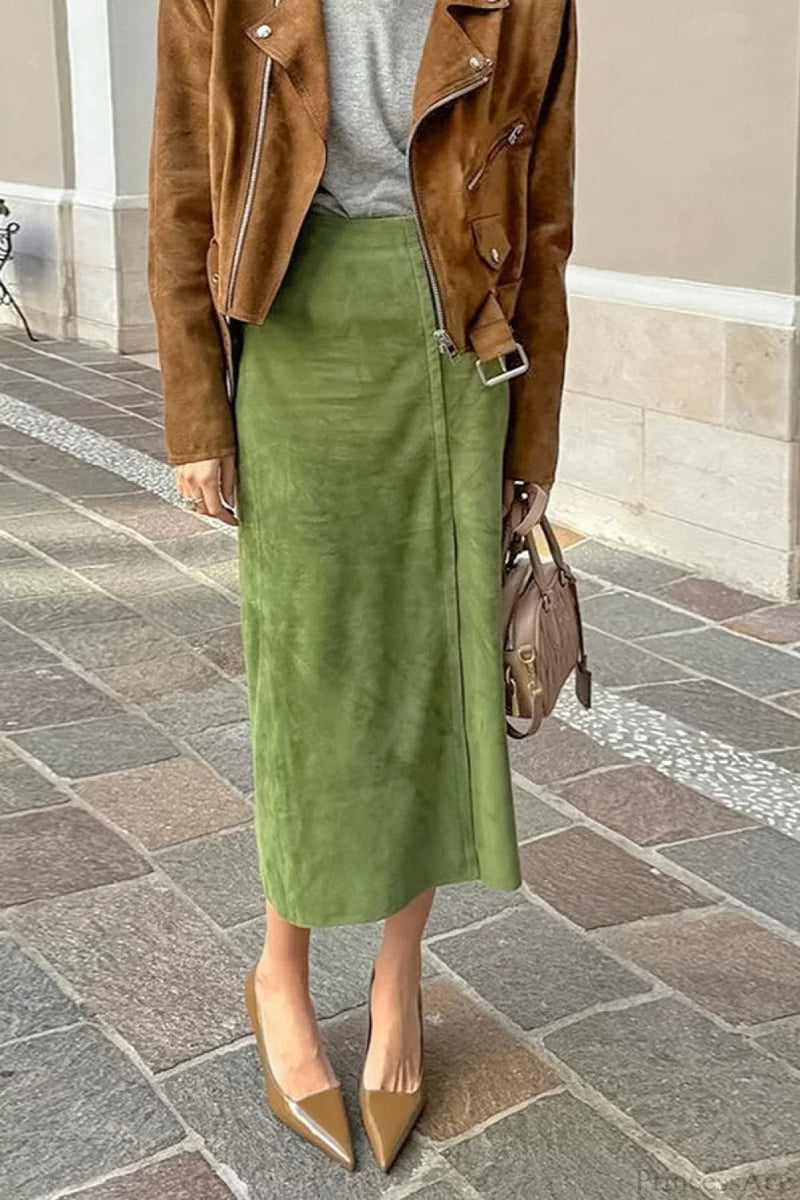 Suede High Waist Midi Pencil Skirt