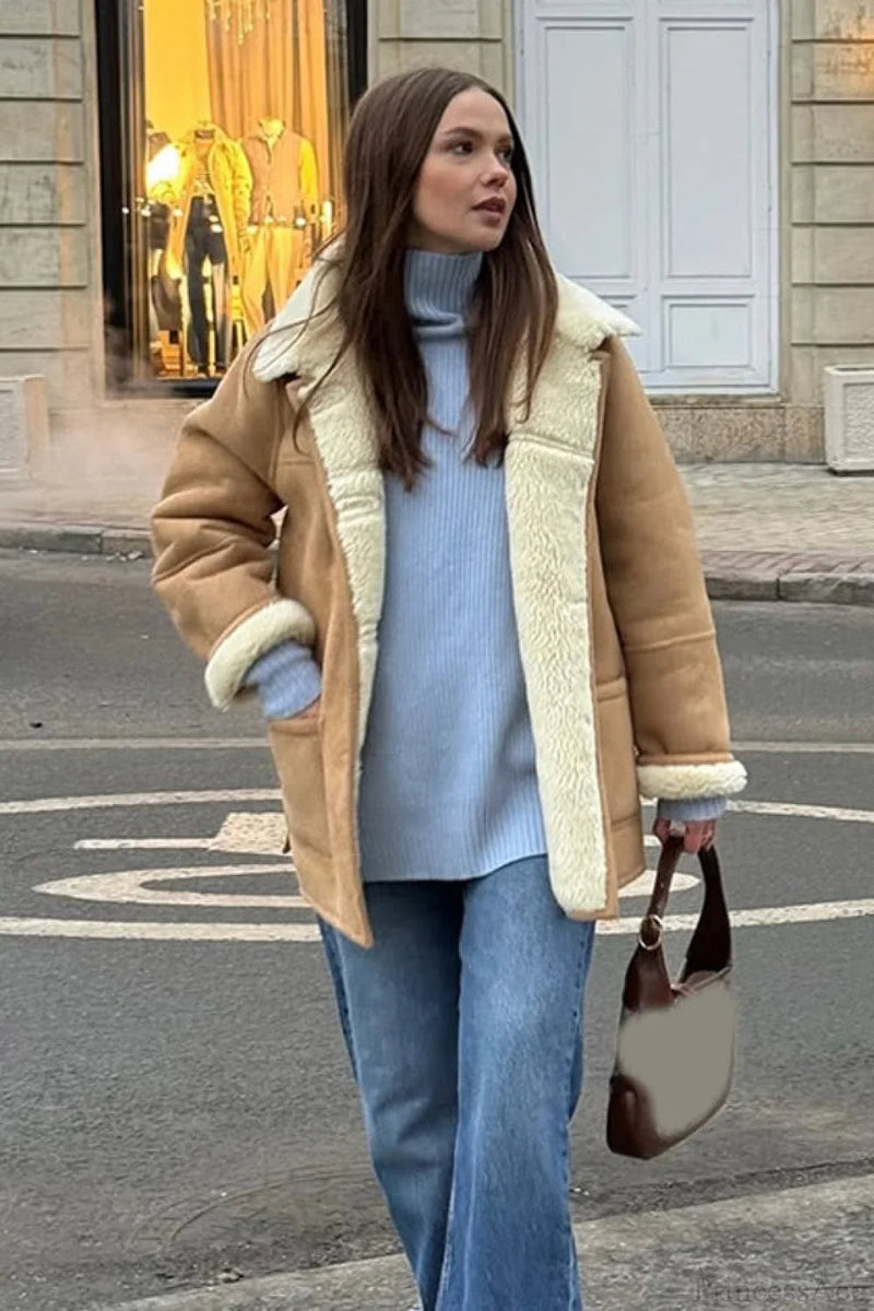 Suede Sherpa-lined Wide Lapel Coat